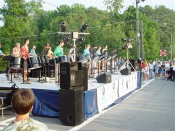 Entire steel drum band on stage